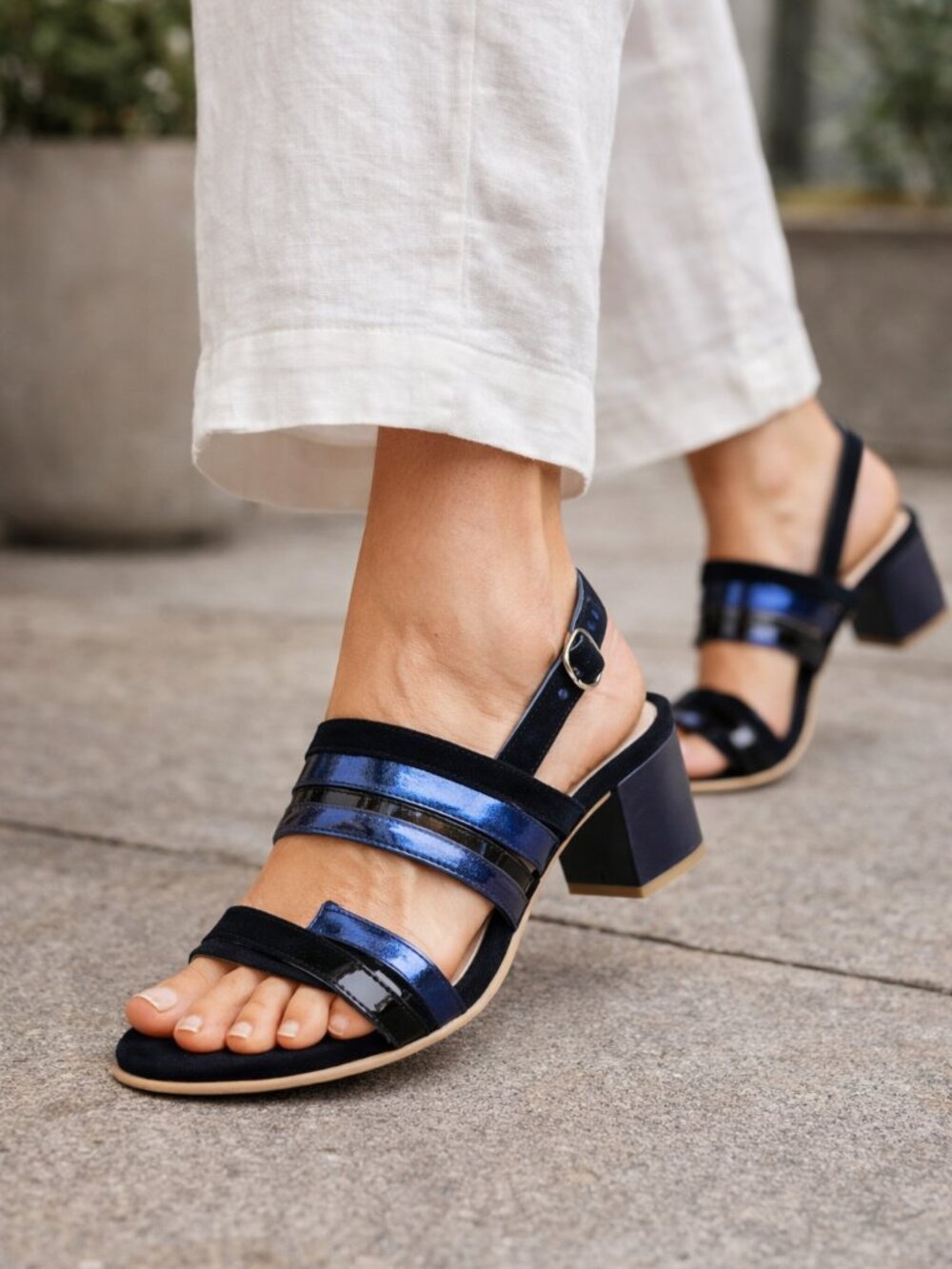 Unity in Diversity Navy Multi Strap Heel Sandals Size 42 Metallic Blue Block